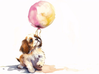 Watercolor Drawing of Cute Dog Puppy with Balloon Colorful Illustration isolated on white background HD Print 4928x3712 pixels Neo Art V5 69