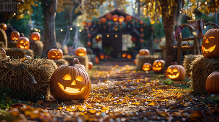 Transform your backyard into a pumpkin patch paradise, complete with carved pumpkin displays, hay bale seating, and the scent of autumn in the air for a festive Halloween gathering. - Powered by Adobe