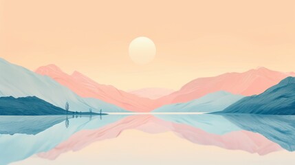 Serene landscape of mountains and lake at sunset in pastel tones.