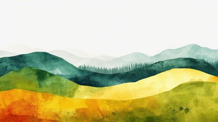 Colorful abstract watercolor landscape of layered mountains and fields.