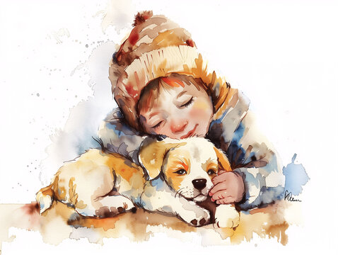 Watercolor Drawing of Cute Dog Puppy and Kid Colorful Illustration isolated on white background HD Print 4928x3712 pixels Neo Art V5 63