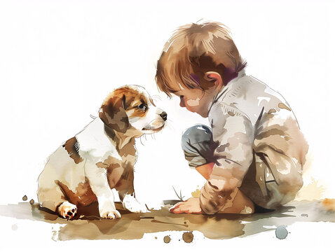 Watercolor Drawing of Cute Dog Puppy and Kid Colorful Illustration isolated on white background HD Print 4928x3712 pixels Neo Art V5 62