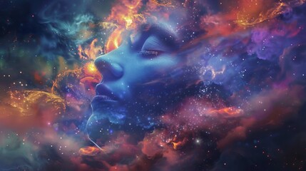 Obraz na płótnie Canvas Artistic representation of a woman's profile seamlessly merging with the vivid cosmos, symbolizing unity with the universe.