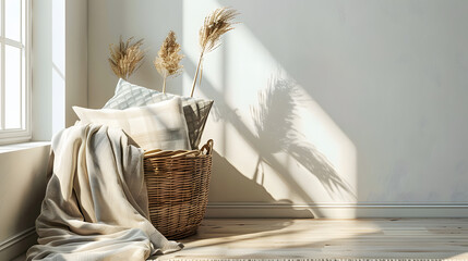 Stylish room interior with pillow in basket