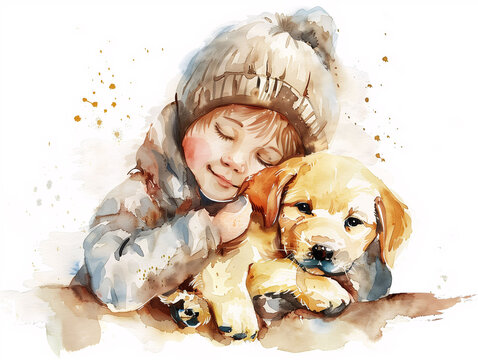 Watercolor Drawing of Cute Dog Puppy and Kid Colorful Illustration isolated on white background HD Print 4928x3712 pixels Neo Art V5 44