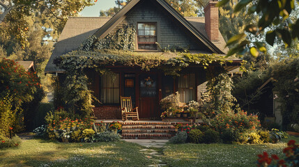 A charming exterior of a craftsman home, with ivy climbing the brick chimney, and a wooden rocking...