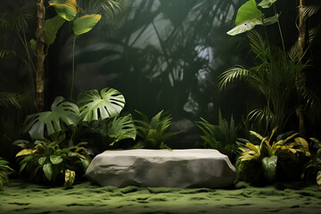 Stone platform pedestal in tropical forest for product presentation and green forest