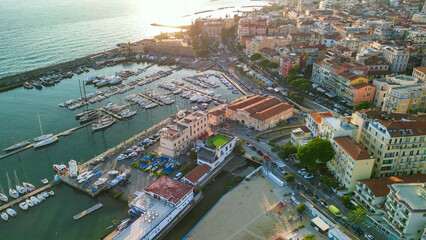 Fototapeta premium Sanremo, Italy. Aerial view of city port and skyline