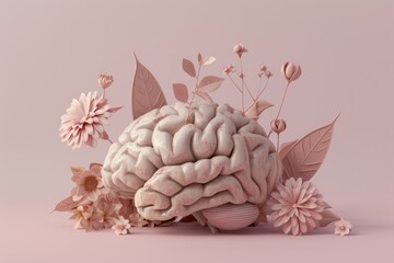 World mental health awareness day. Human brain, leaves and flowers illustration