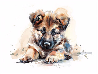 Watercolor Drawing of German Shepherd Dog Puppy Colorful Illustration isolated on white background HD Print 4928x3712 pixels Neo Art V5 11