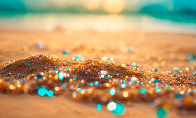 shiny sand on the seashore close-up. Selective focus. - obrazy, fototapety, plakaty