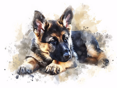 Watercolor Drawing of German Shepherd Dog Puppy Colorful Illustration isolated on white background HD Print 4928x3712 pixels Neo Art V5 8