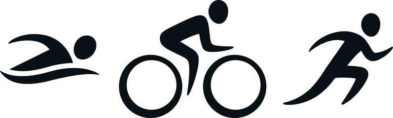 Triathlon activity icons: swimming, bicycle, running. Simple sports pictogram set. Isolated logo graphics.