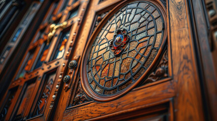 Fototapeta na wymiar A close-up of a craftsman front door, adorned with a stained glass window and surrounded by intricate wood detailing, capturing the essence of craftsmanship.