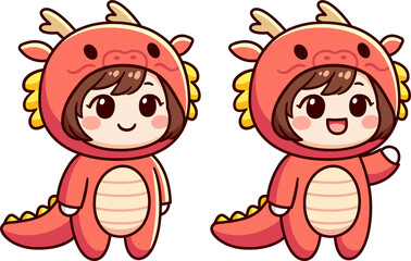 Kawaii little girl in red Chinese dragon kigurumi onesie costume. Cute cartoon character standing and waving, clip art illustration.