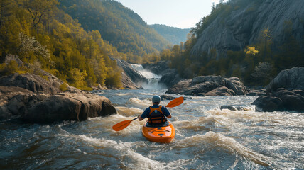 An athlete in a kayak rafting down a mountain river in beautiful nature