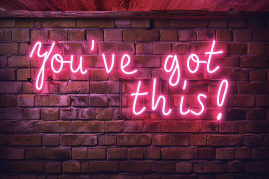 "You've got this!" Sign In Neon Lights on the dark brick wall. motivational phrase written with pink neon lights on a brick wall. ai-generated