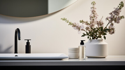 Fototapeta premium Modern Minimalist Bathroom Interior Design with washbasin, faucet, mirror