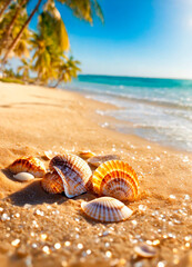 Fototapeta na wymiar shells on the beach against the backdrop of the sea. Selective focus.
