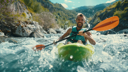 An athlete in a kayak rafting down a mountain river in beautiful nature