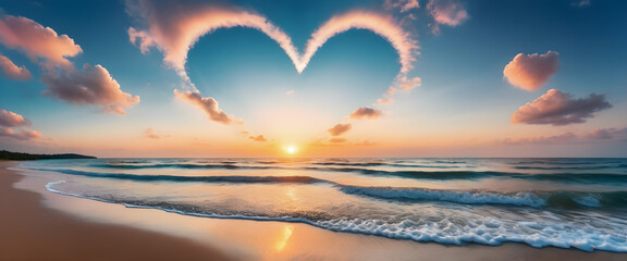 Heart on the beach. Sunset sky with heart shaped cloud. Illustration of a beach with no one around.