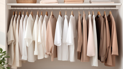 Assortment of shirts and blouses in neutral tones hangs on hangers in closet