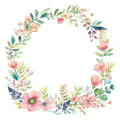 Fototapeta na wymiar Watercolor floral wreath with flowers and leaves. Wreath, floral frame, watercolor flowers, Isolated on white background. Perfectly for greeting card design.