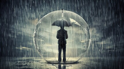 A figure shrouded in solitude, standing under an umbrella within a clear bubble amidst a downpour, metaphorically reflecting the challenges of mental health and the feeling of being misunderstood.