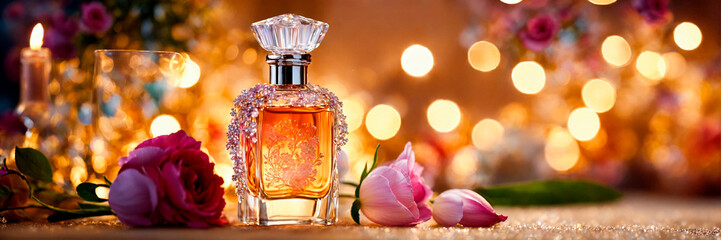 bottle of perfume with flowers on the table. Selective focus. - obrazy, fototapety, plakaty