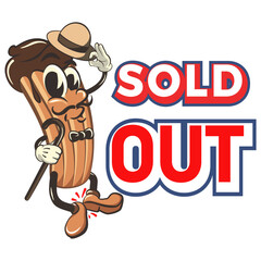 churro cartoon vector isolated clip art illustration mascot with hat and stick, dancing with his feet tapping in front of the words sold out, work of handmade