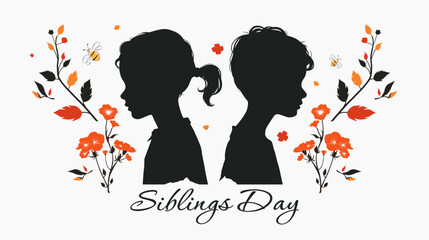 Siblings. Celebration of National Siblings Day. modern minimalist design with the silhouette of two small children and flowers. April 10. Siblings day 2024