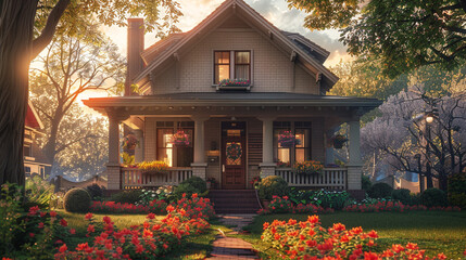 A cozy suburban house with a covered porch, adorned with hanging flower baskets and classic craftsman details, bathed in the morning sunlight. - obrazy, fototapety, plakaty