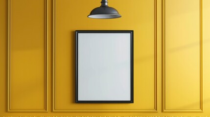Gallery Inspiration, Blank Picture Frame on Vibrant Yellow Wall with Hanging Lamp. Perfect Photo Frame or Poster Template Mockup