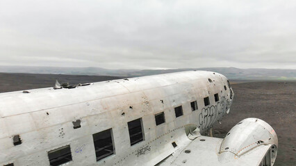 Aerial view of United States Navy DC plane wreck on the black beach at Solheimasandur