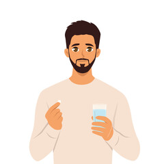 Young man holds pharmacy pills and glass of water. Flat vector illustration isolated on white background