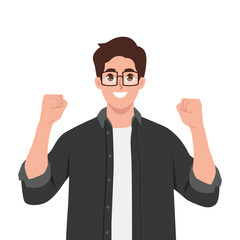 Happy and excited young business man celebrating victory expressing success. Flat vector illustration isolated on white background