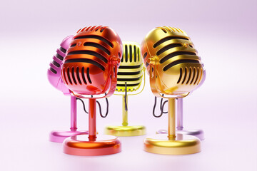 Realistic colorful microphones. 3D studio and stage audio equipment, vintage and modern metal microphones. 3d illustration