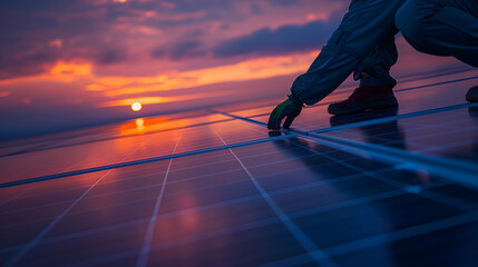 Installation of Solar Panels at Sunset