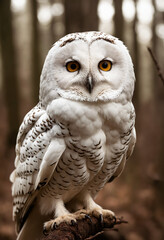 Obraz premium A white owl in the thicket of the forest looks with interest