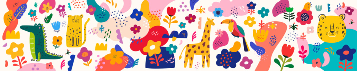 Vector illustration with cute animals, abstract elements and flowers. Nursery baby pattern illustration - 750041787