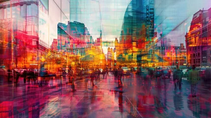 Foto op Canvas Digital painting depicting a bustling city street at night, illuminated by vibrant neon lights with cars and pedestrians moving through the scene © sommersby