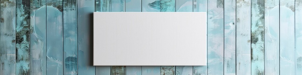 Mockup Wall Decor White Canvas Suspended Against a Light Blue Wooden Wall
