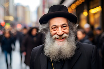 An elderly Orthodox Jewish man smiles warmly while walking along a city street - obrazy, fototapety, plakaty