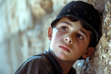 Jewish Orthodox boy engaged in prayer at the Western Wall, capturing a poignant and spiritual moment