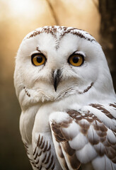Obraz premium A white owl in the thicket of the forest looks with interest