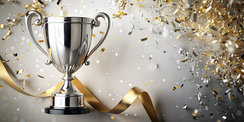 Gold winners trophy celebration  with golden shiny ribbon decoration. Ai generated image.