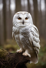 Fototapeta premium A white owl in the thicket of the forest looks with interest
