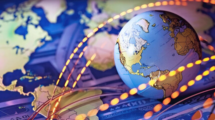 Fototapeta premium A globe sits atop a stack of various currencies and coins. The image represents global wealth, financial success, and economic stability