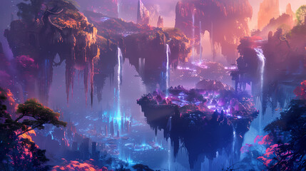 Generative AI, Dreamworld Cascade: Floating Islands and Bioluminescent Glow