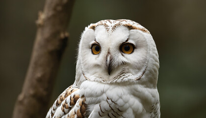 Obraz premium A white owl in the thicket of the forest looks with interest
